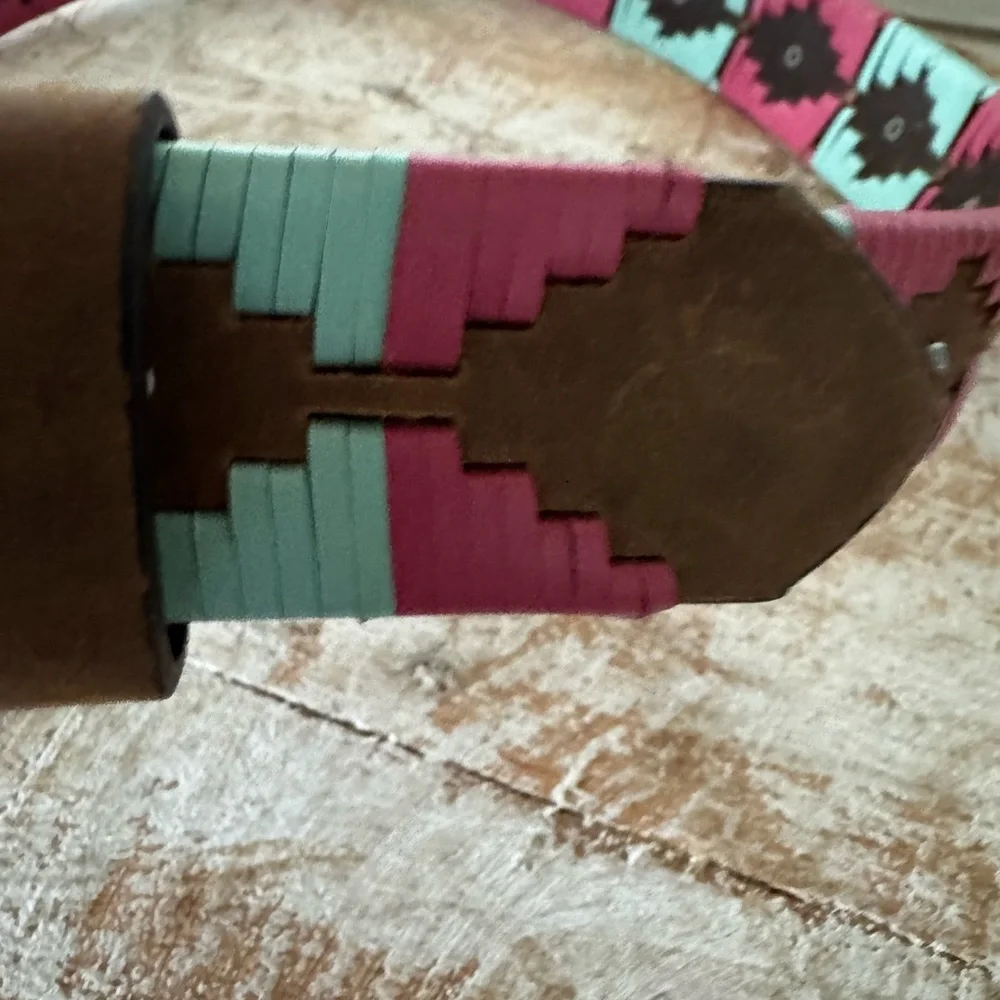 Girls 26 M&F Western Rhinestone Buckle Leather Belt Pink Aqua